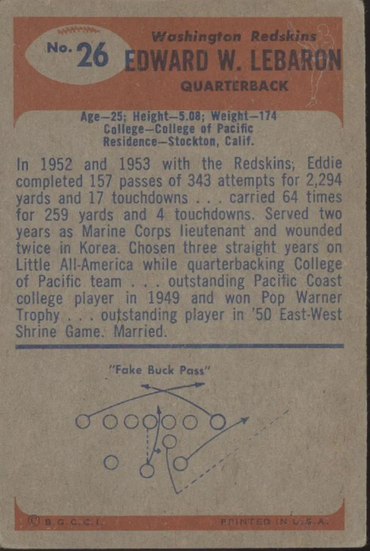 Eddie LeBaron 1955 Bowman #26 Washington Redskins VG-EX - Image 2