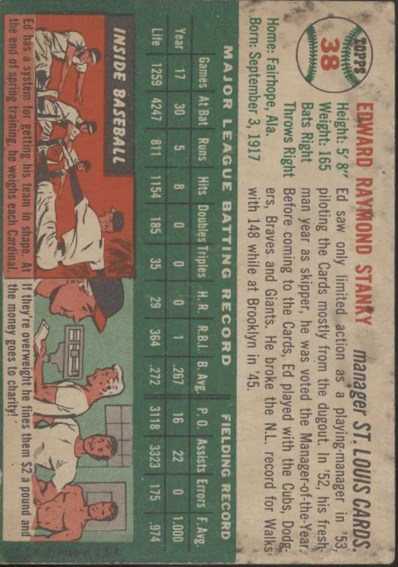 Eddie Stanky 1954 Topps #38 St. Louis Cardinals VG - Image 2