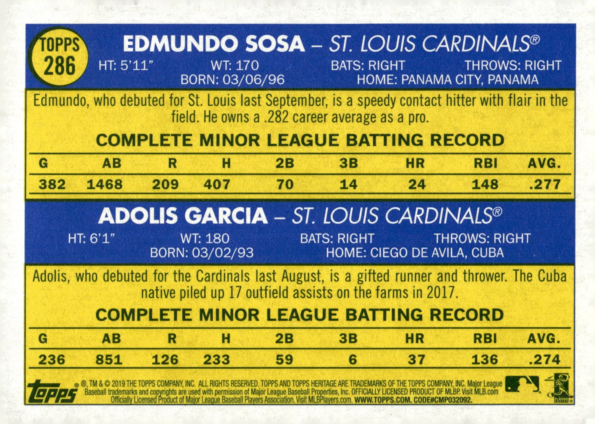 Edmundo Sosa / Adolis Garcia 2019 Topps Heritage Cardinals Rookie Stars RC #286 - Image 2