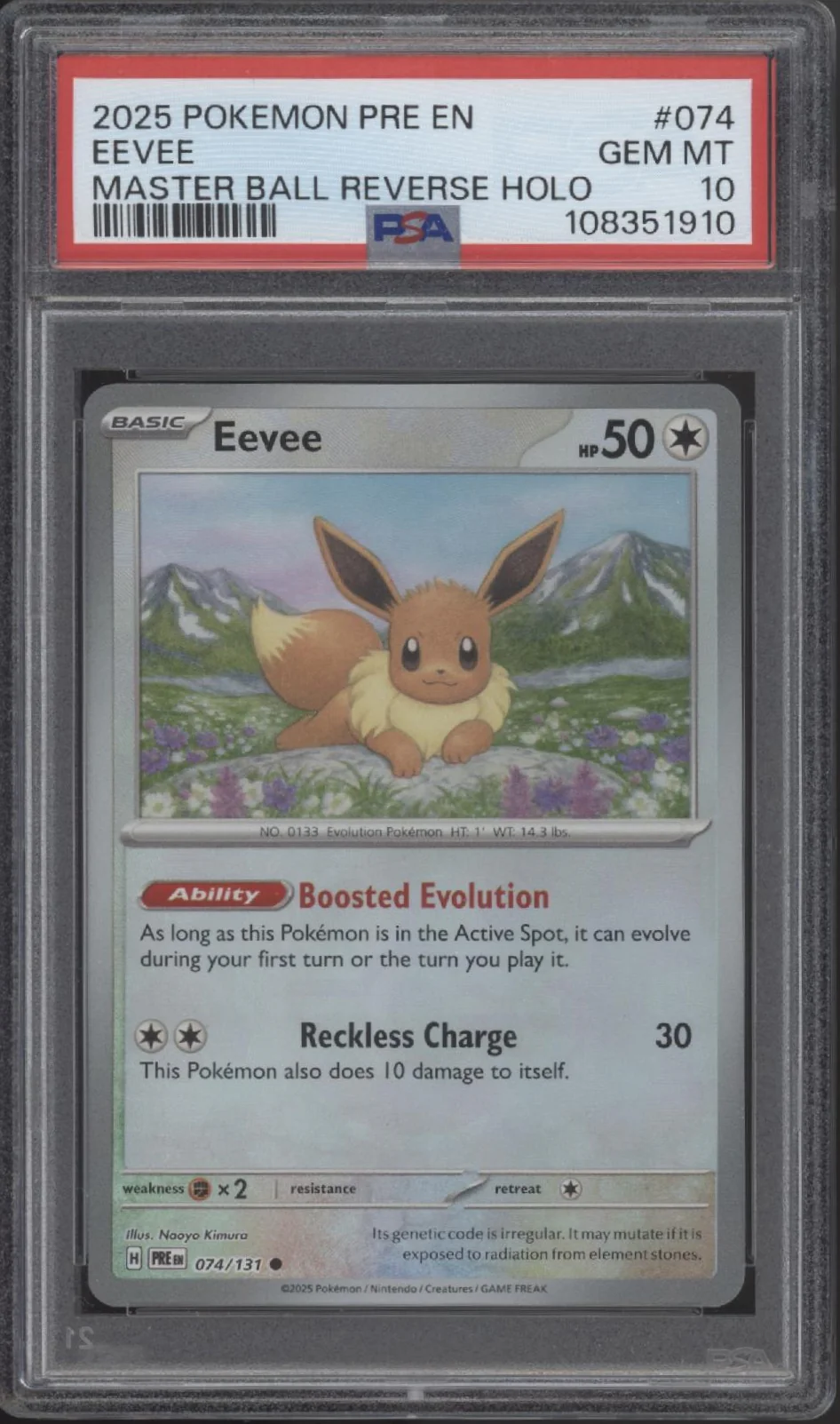 Eevee Pokemon Prismatic Evolution Master Ball Reverse Holo #074 PSA 10