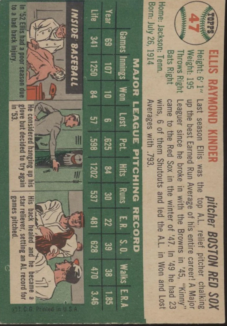 Ellis Kinder 1954 Topps #47 Boston Red Sox VG-EX #2 - Image 2