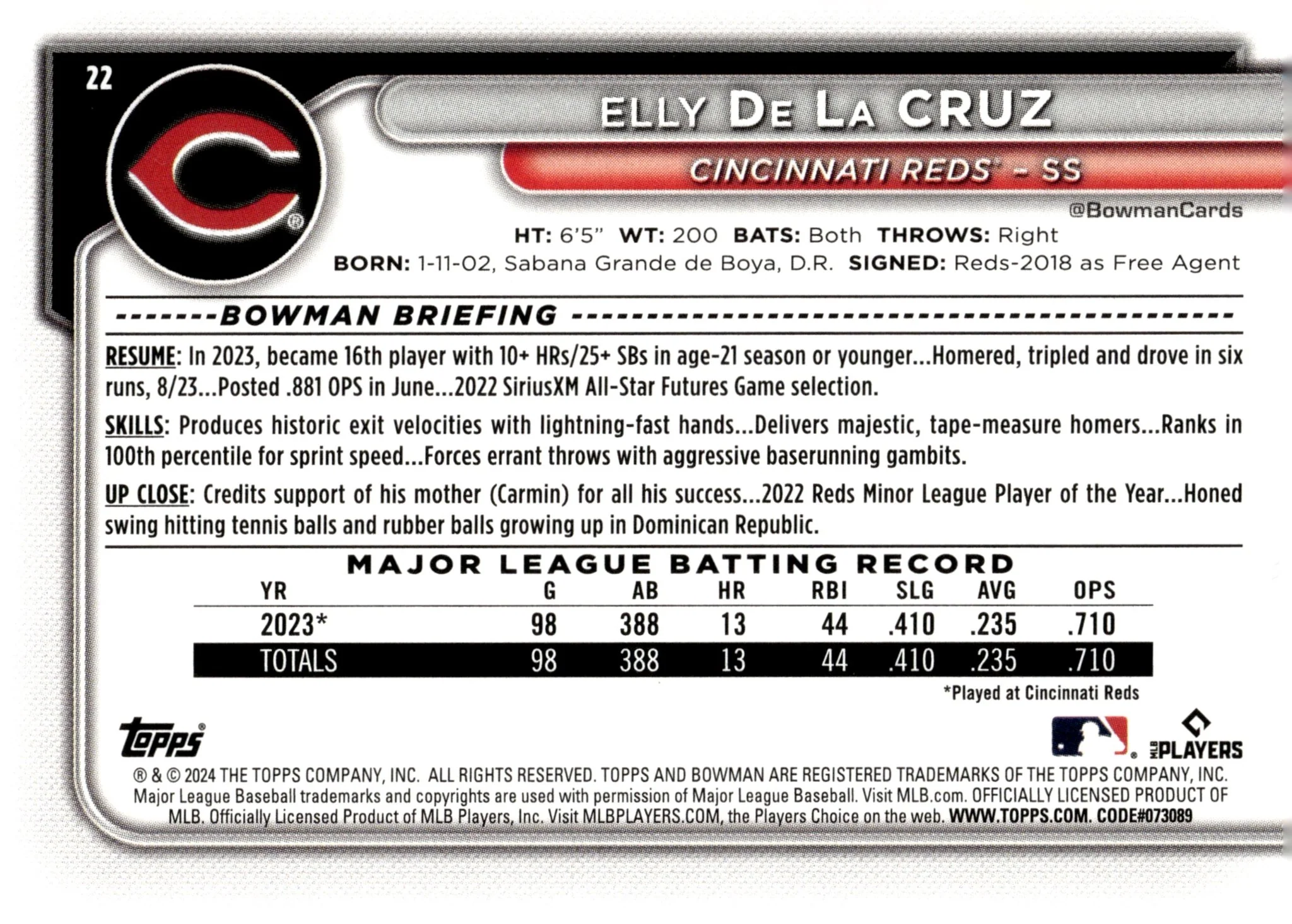 Elly De La Cruz 2024 Bowman RC #22 #6 - Image 2