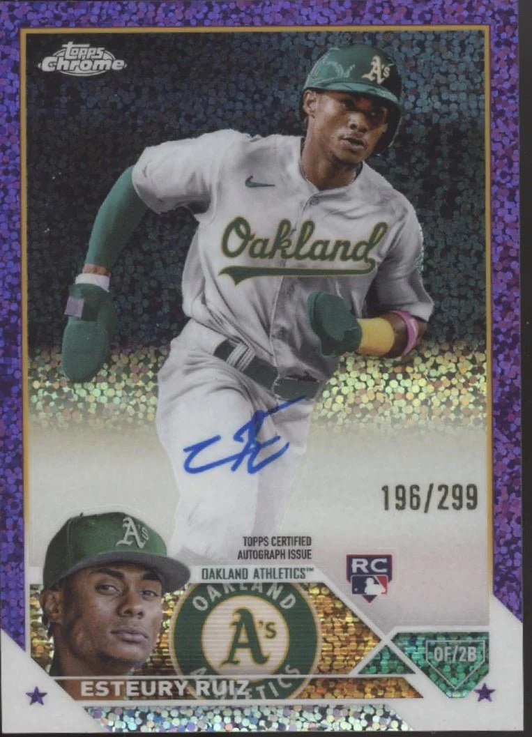 Esteury Ruiz 2023 Topps Chrome Purple Speckle Refractor RC Auto 196/299 #RA-ERU
