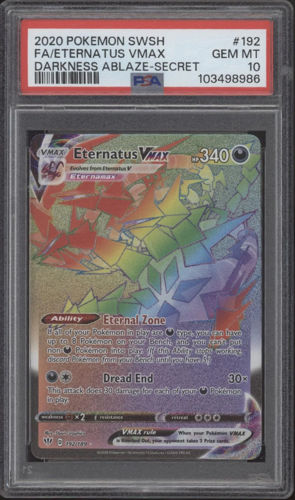 Eternatus VMAX Pokemon Darkness Ablaze Secret Rare Full Art #192 PSA 10