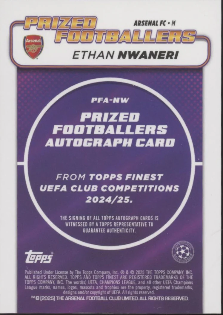 Ethan Nwaneri 2024-25 Topps Finest UEFA CC Prized Footballers RC Auto #PFA-NW - Image 2