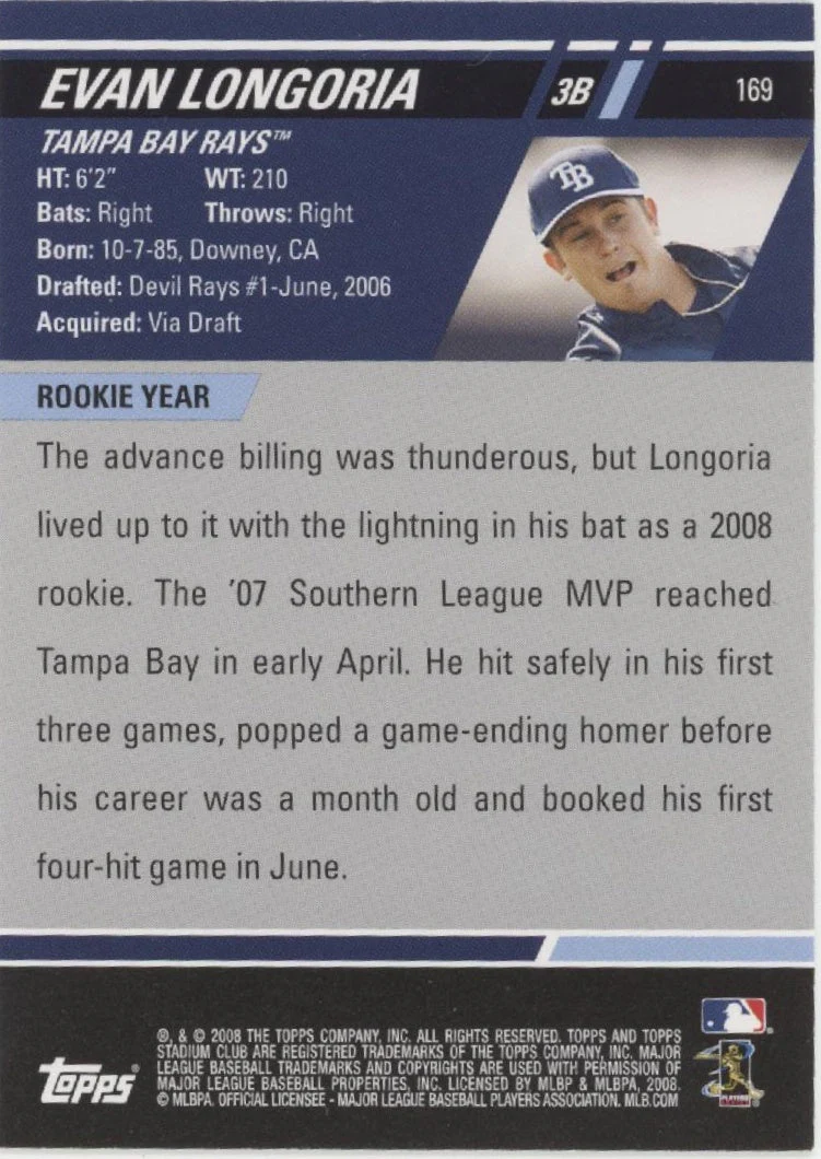 Evan Longoria 2008 Topps Stadium Club RC Auto #169 - Image 2