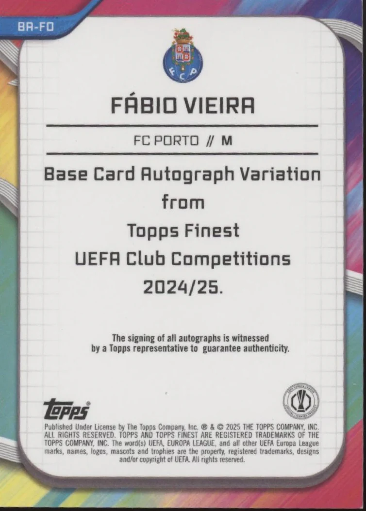 Fabio Vieira 2024-25 Topps Finest UEFA Europa League Refractor Auto #BA-FO - Image 2