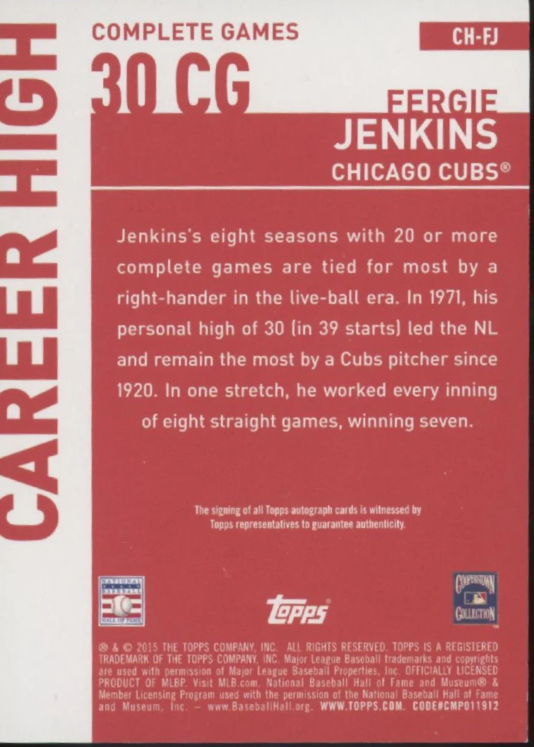 Fergie Jenkins 2015 Topps Career High Auto #CH-FJ - Image 2