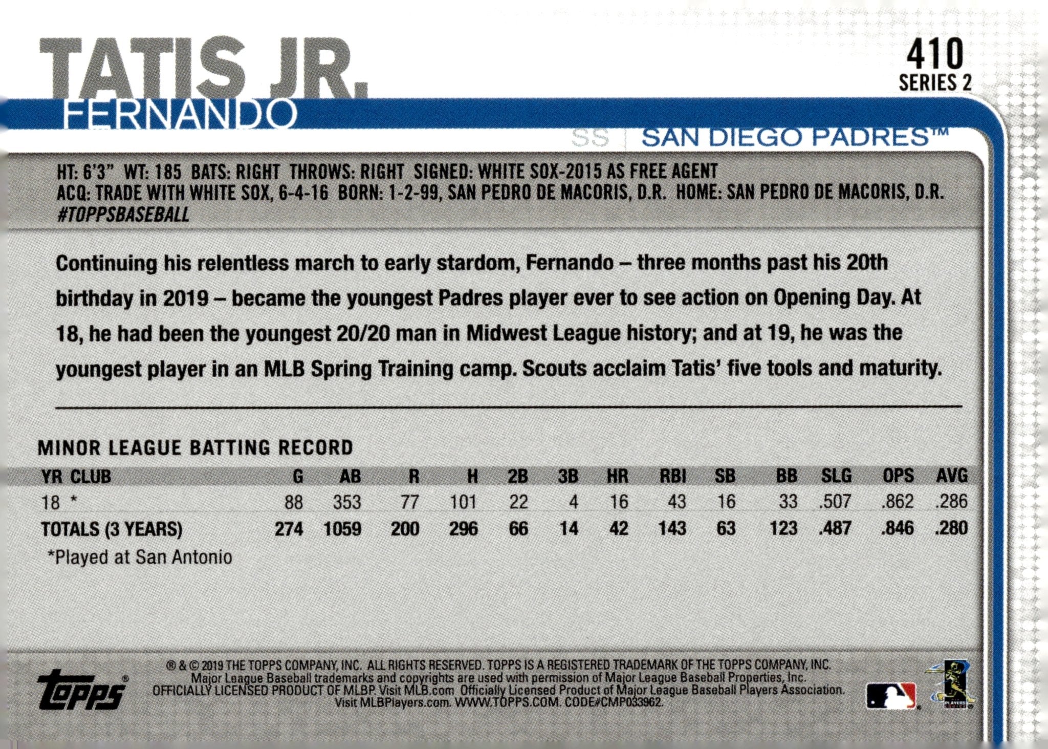 Fernando Tatis Jr. 2019 Topps Series 2 RC #410 #2 - Image 2
