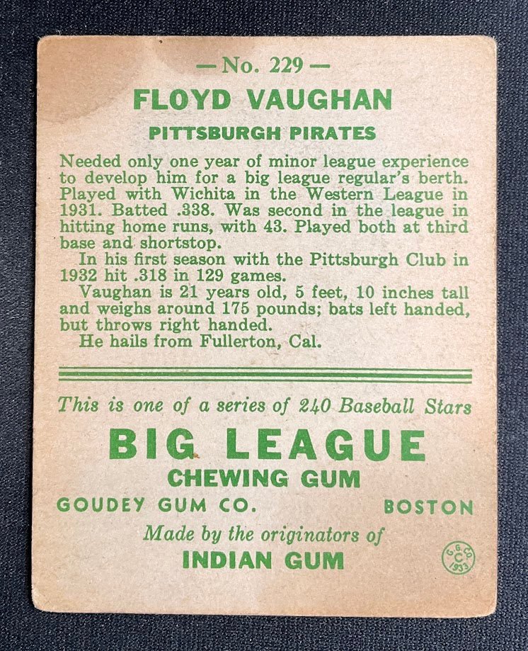 Floyd Vaughan 1933 Goudey RC #229 Pittsburgh Pirates GD - Image 4