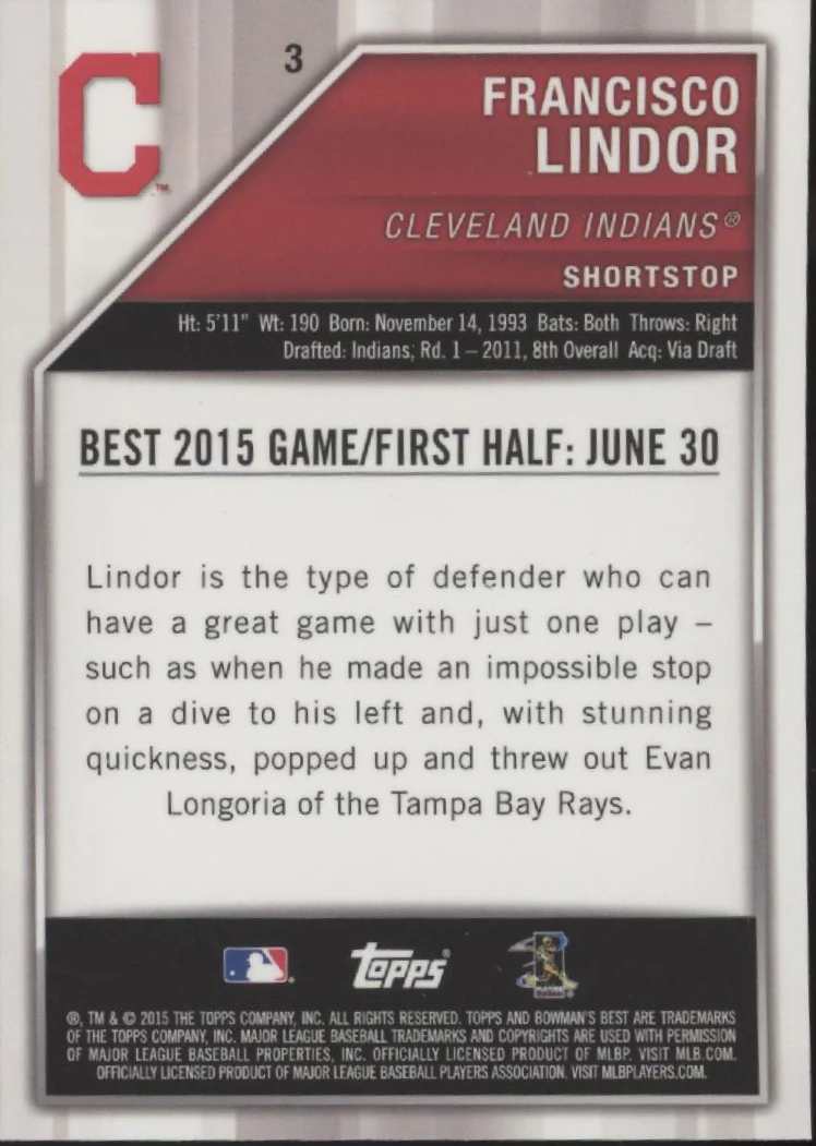 Francisco Lindor 2015 Bowman's Best RC #3 #3 - Image 2