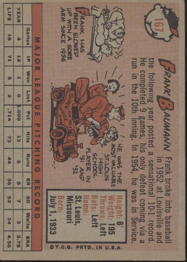 Frank Baumann 1958 Topps RC #167 Boston Red Sox EX - Image 2