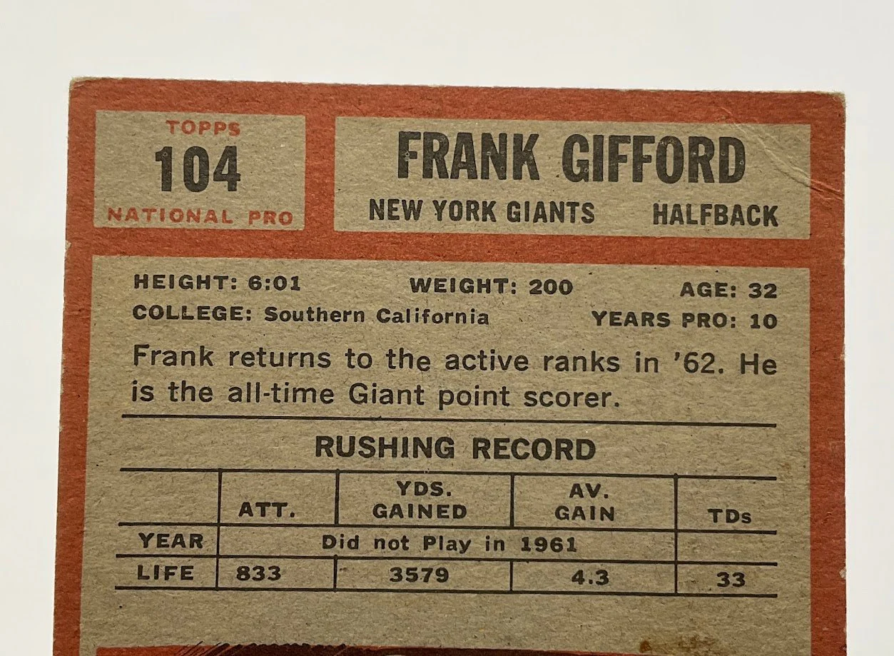 Frank Gifford 1962 Topps #104 New York Giants VG - Image 3