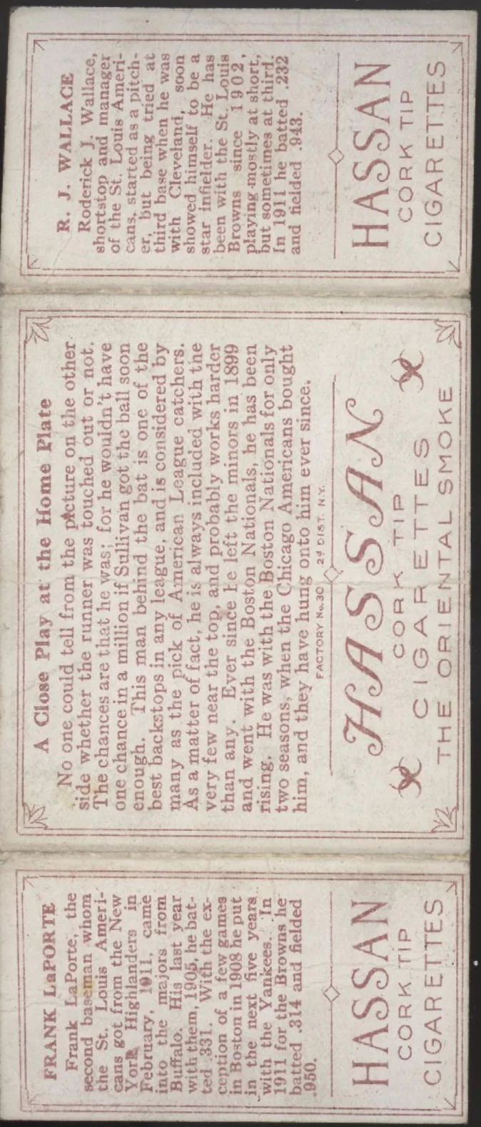 Frank LaPorte RJ Wallace 1912 Hassan Triple Fold A Close Play at Home Plate PR - Image 2