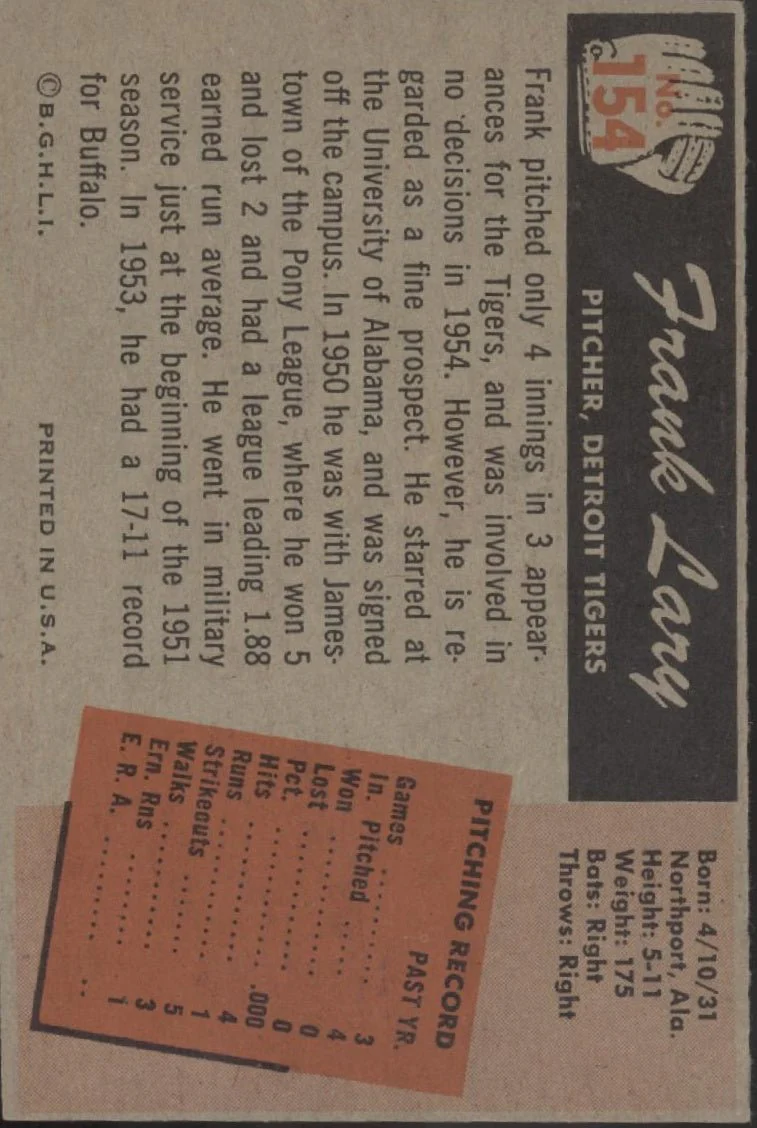 Frank Lary 1955 Bowman RC #154 Detroit Tigers VG-EX - Image 2