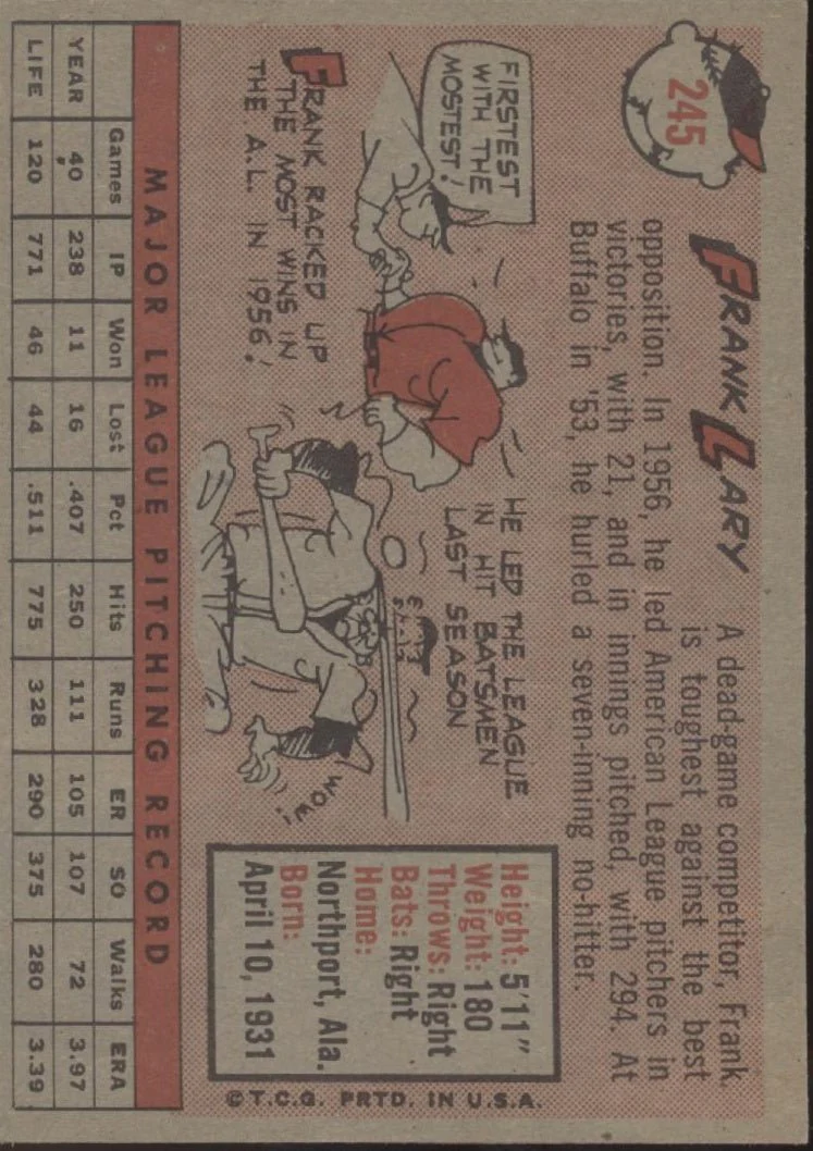 Frank Lary 1958 Topps #245 Detroit Tigers EX - Image 2