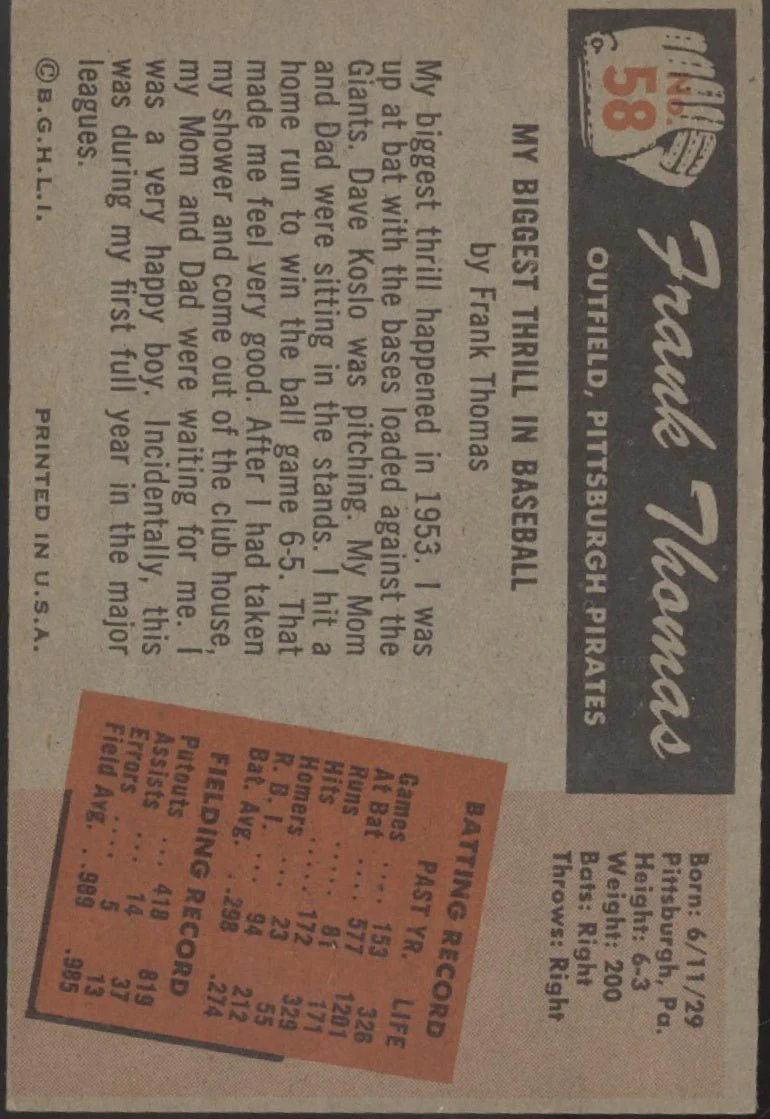 Frank Thomas 1955 Bowman #58 Pittsburgh Pirates VG - Image 2