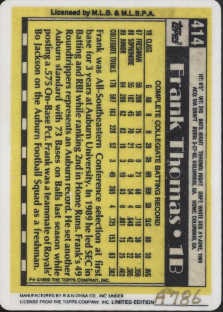 Frank Thomas 1990 Topps Draft Pick Metal Card #414 - Image 2