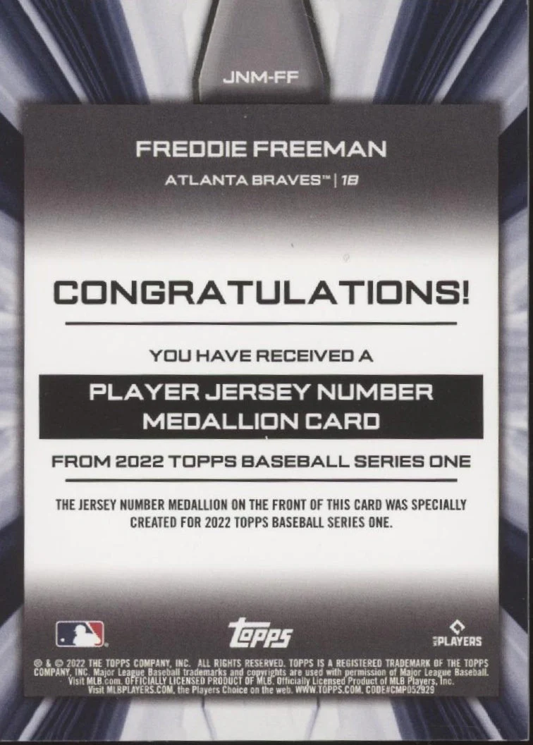 Freddie Freeman 2022 Topps Series 1 Player Jersey Number Medallion #JNM-FF - Image 2