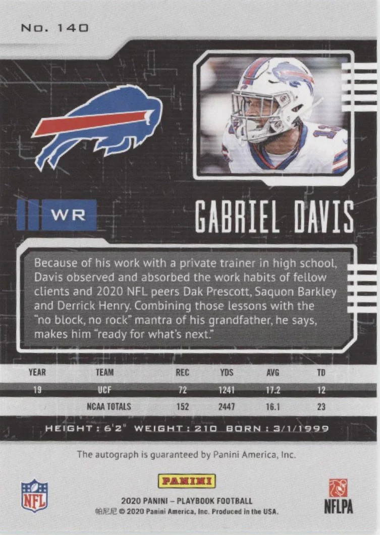 Gabriel Davis 2020 Panini Playbook RC Auto 02/25 #140 - Image 2