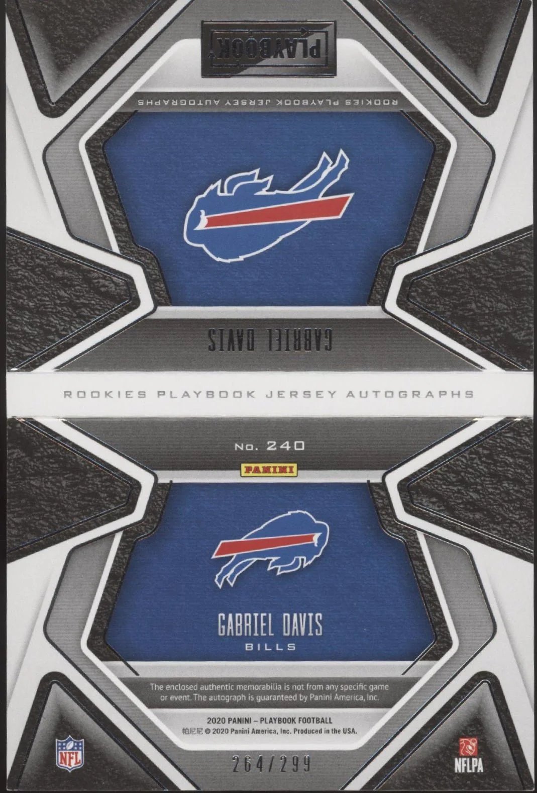 Gabriel Davis 2020 Panini Playbook Swatch RC Auto 264/299 #240 - Image 2