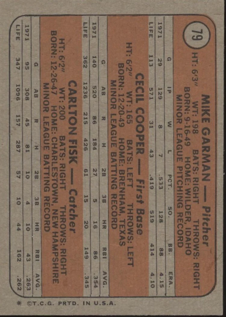 Garman / Cooper / Fisk 1972 Topps Boston Red Sox Rookie Stars #79 EX - Image 2