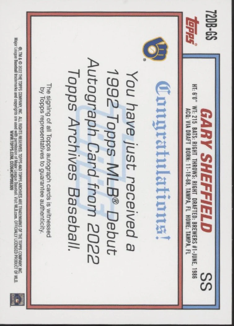 Gary Sheffield 2022 Topps Archives '92 MLB Debut Auto #72DB-GS - Image 2