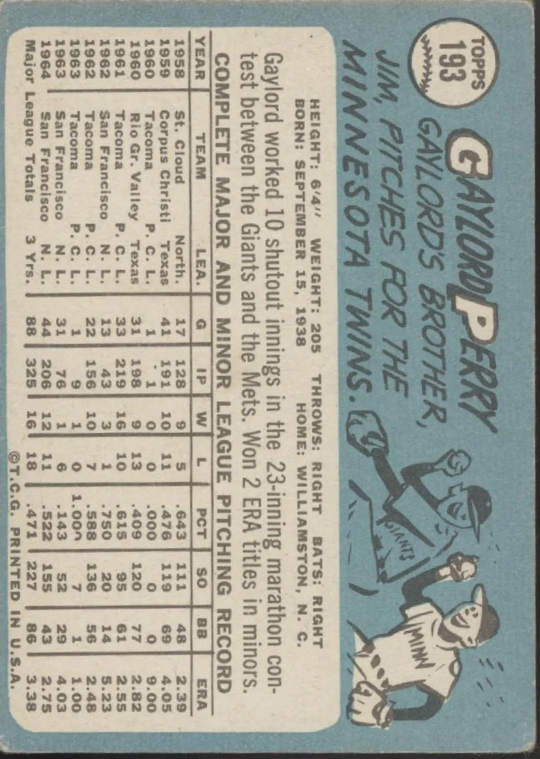 Gaylord Perry 1965 Topps #193 San Francisco Giants VG-EX #1 - Image 2