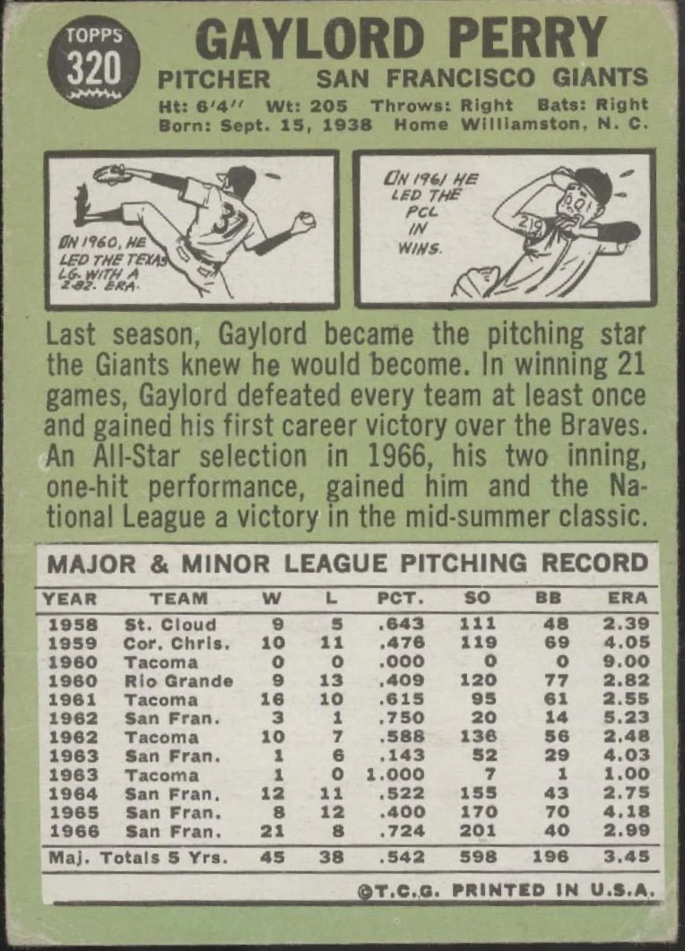 Gaylord Perry 1967 Topps #320 San Francisco Giants GD - Image 2