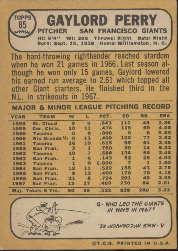 Gaylord Perry 1968 Topps #85 San Francisco Giants VG #2 - Image 2