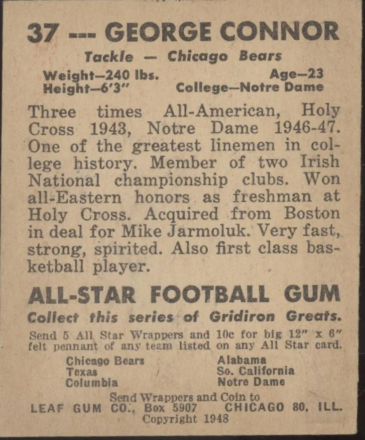 George Connor 1948 Leaf #37 Chicago Bears VG-EX - Image 2