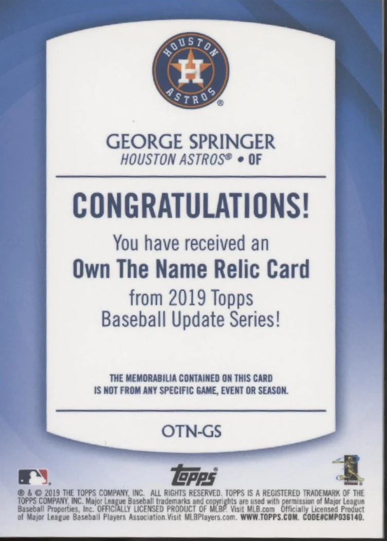 George Springer 2019 Topps Update Series Own the Name Relic Card #OTN-GS - Image 2