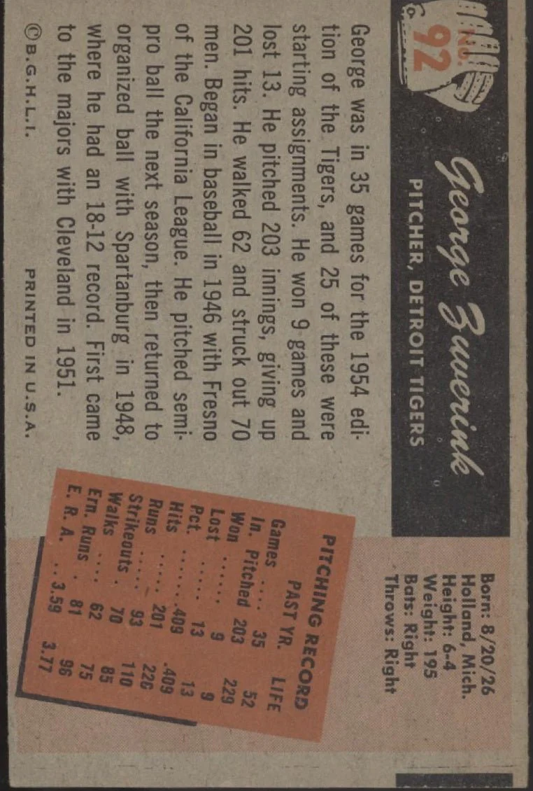 George Zuverink 1955 Bowman #92 Detroit Tigers VG-EX #2 - Image 2