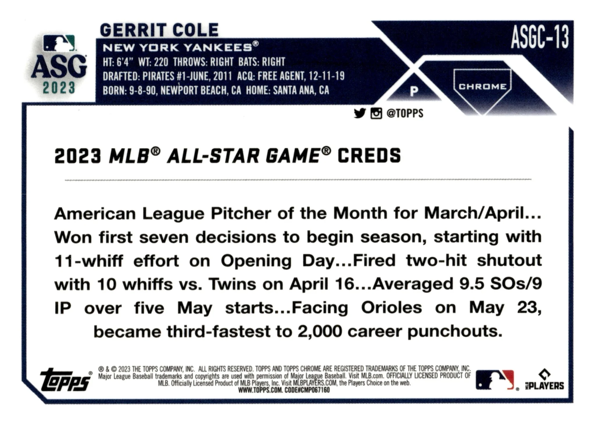 Gerrit Cole 2023 Topps Chrome All Star Game Refractor #ASGC-13 - Image 2