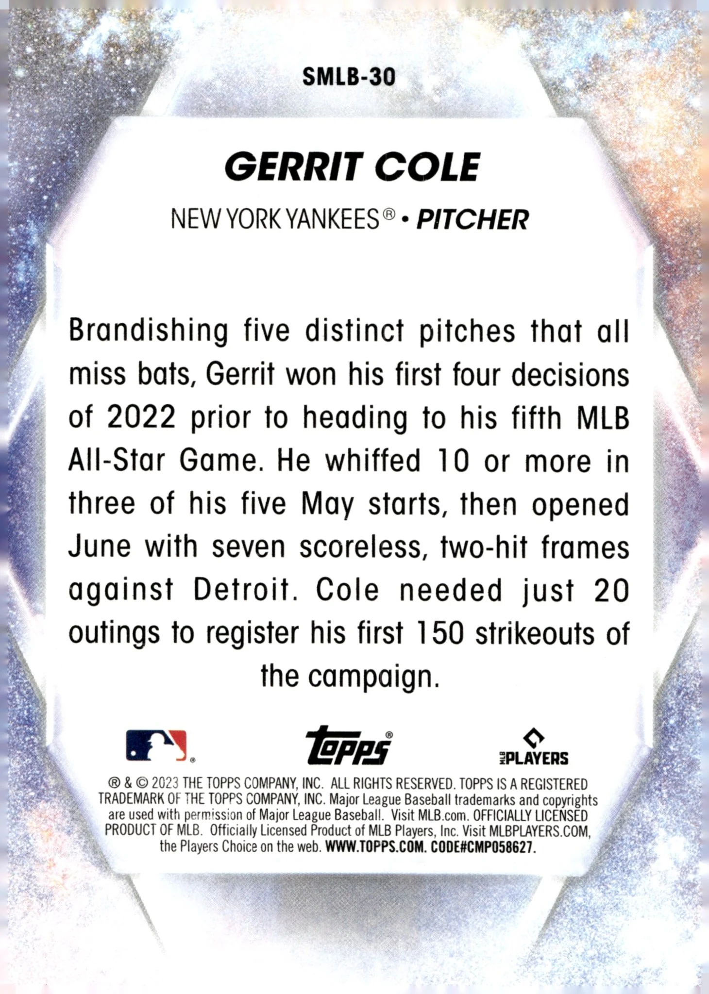 Gerrit Cole 2023 Topps Series 1 Stars of MLB #SMLB-30 - Image 2