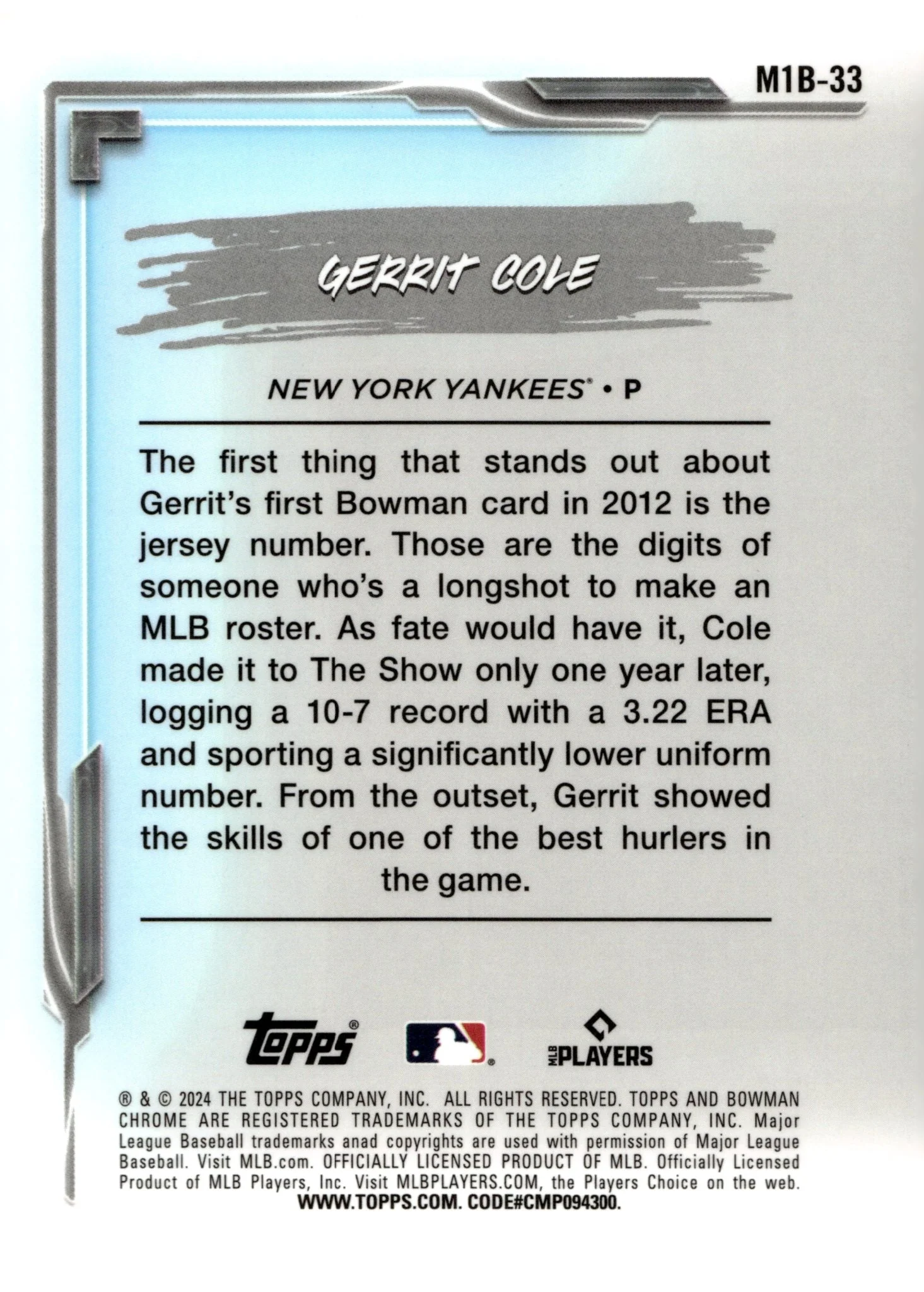 Gerrit Cole 2024 Bowman Chrome My 1st Bowman Mojo Refractor #M1B-33 #3 - Image 2