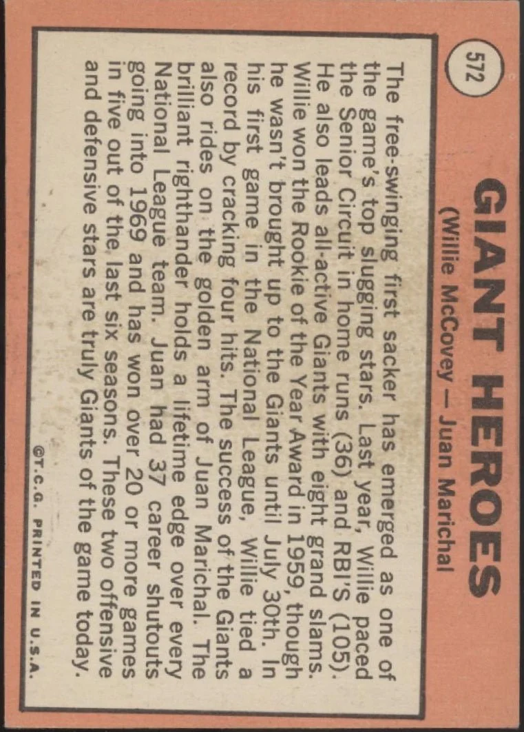 Giants Heroes 1969 Topps Willie McCovey / Juan Marichal #572 VG-EX - Image 2