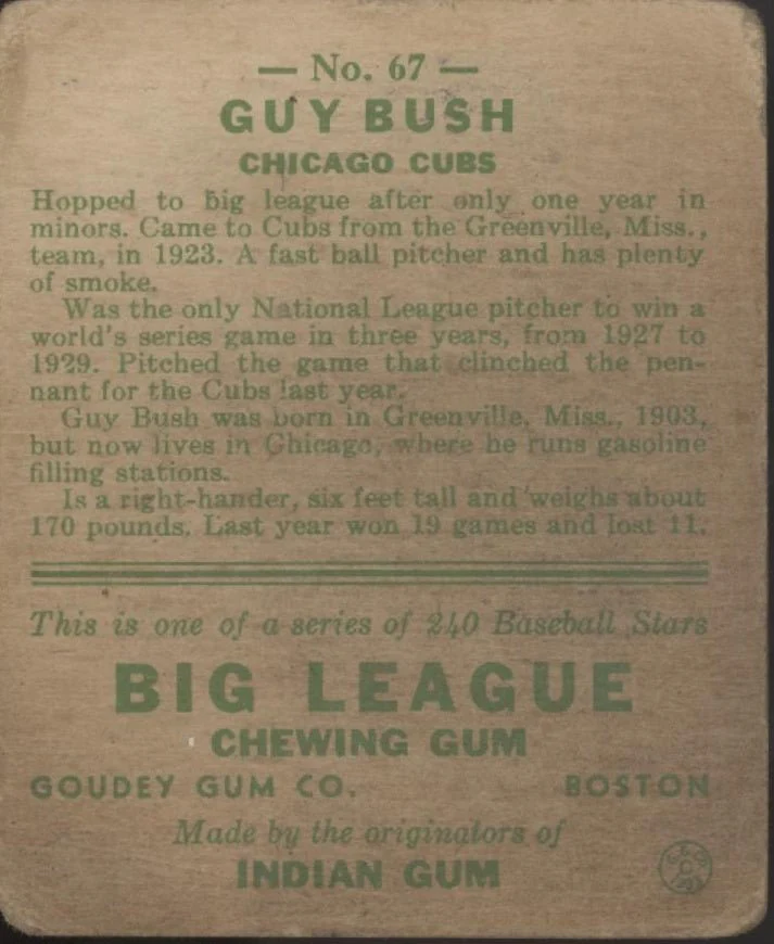 Guy Bush 1933 Goudey RC #67 Chicago Cubs GD - Image 2