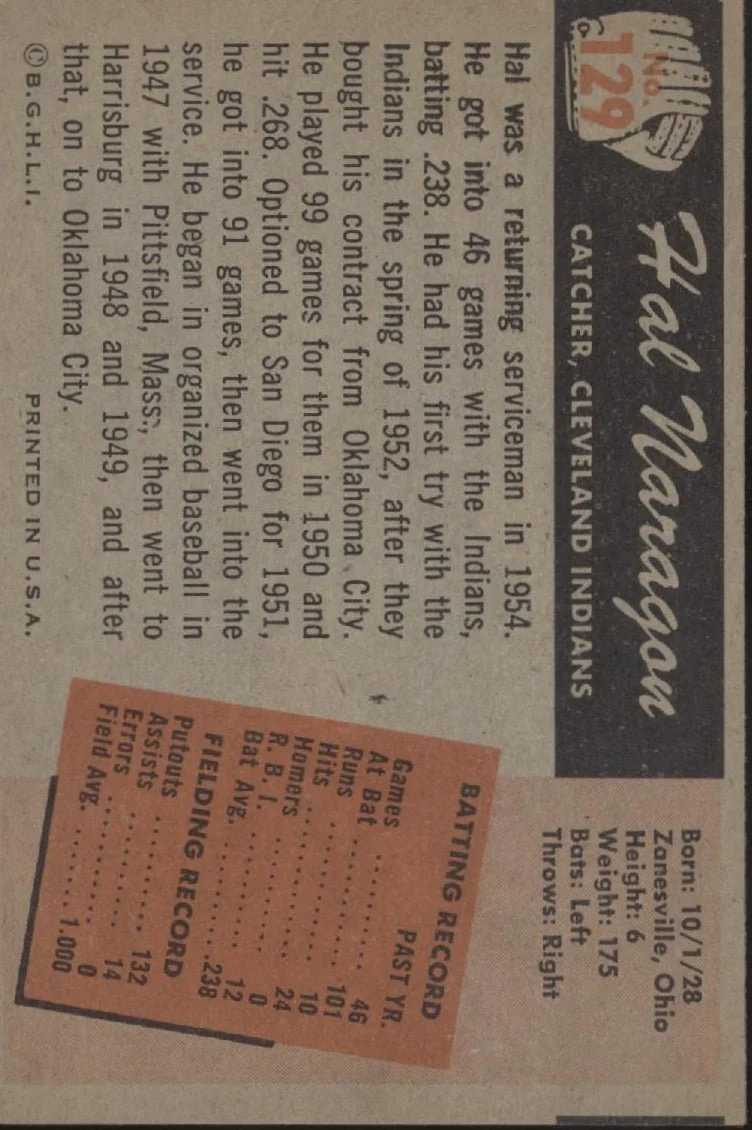 Hal Naragon 1955 Bowman RC #129 Cleveland Indians EX - Image 2