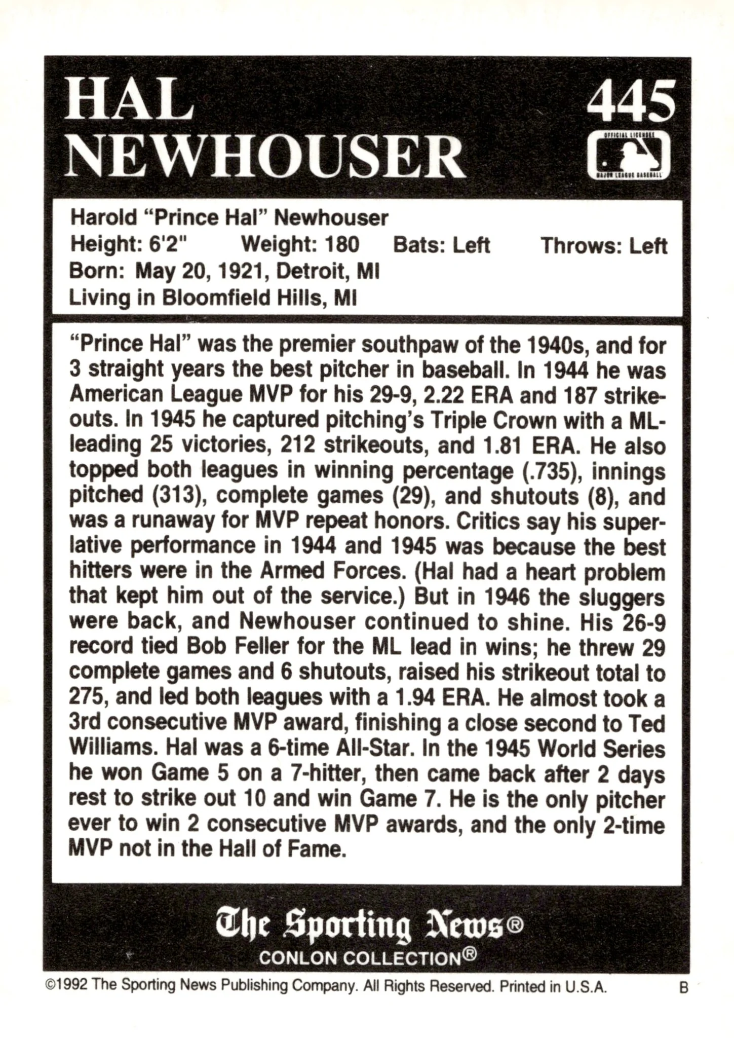 Hal Newhouser 1992 Conlon Sporting News with Non Certified Auto #445 - Image 2