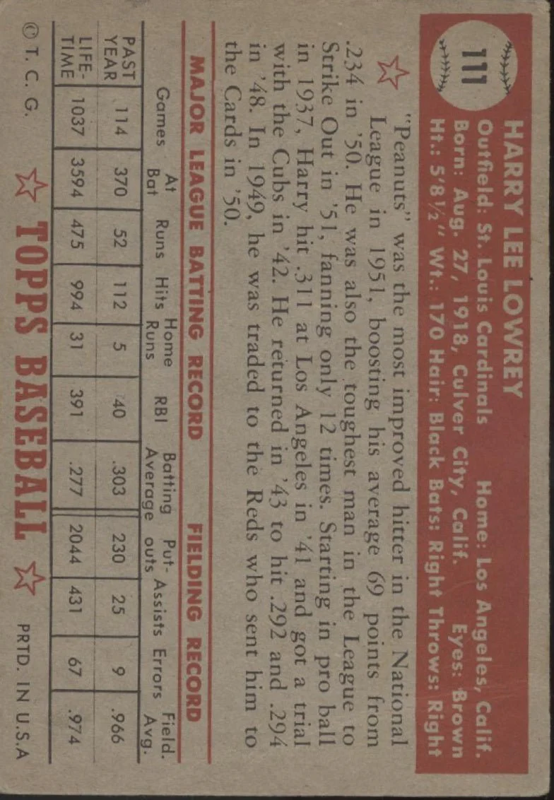 Harry Lowrey 1952 Topps #111 St. Louis Cardinals VG - Image 2