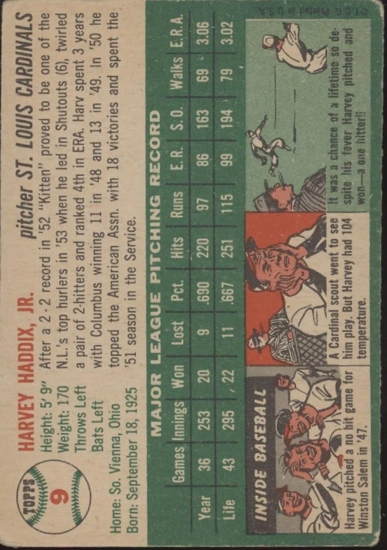 Harvey Haddix 1954 Topps #9 St. Louis Cardinals VG - Image 2