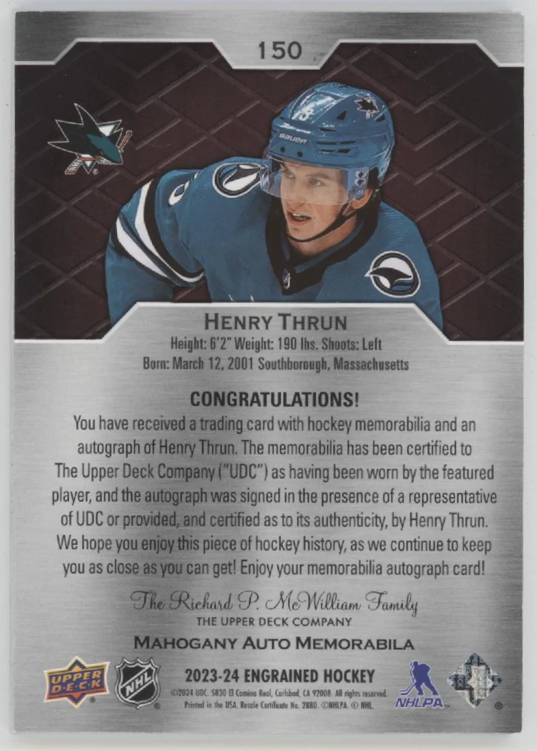 Henry Thrun 2023-24 Upper Deck Engrained Mahogany Swatch RC Auto 24/49 - Image 2