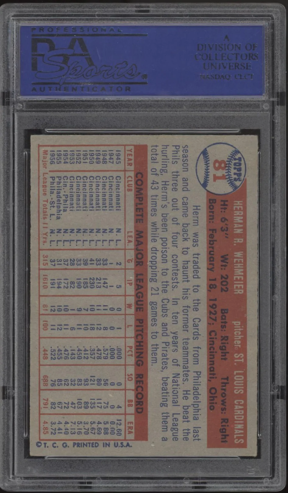 Herm Wehmeier 1957 Topps #81 PSA 7 - Image 2