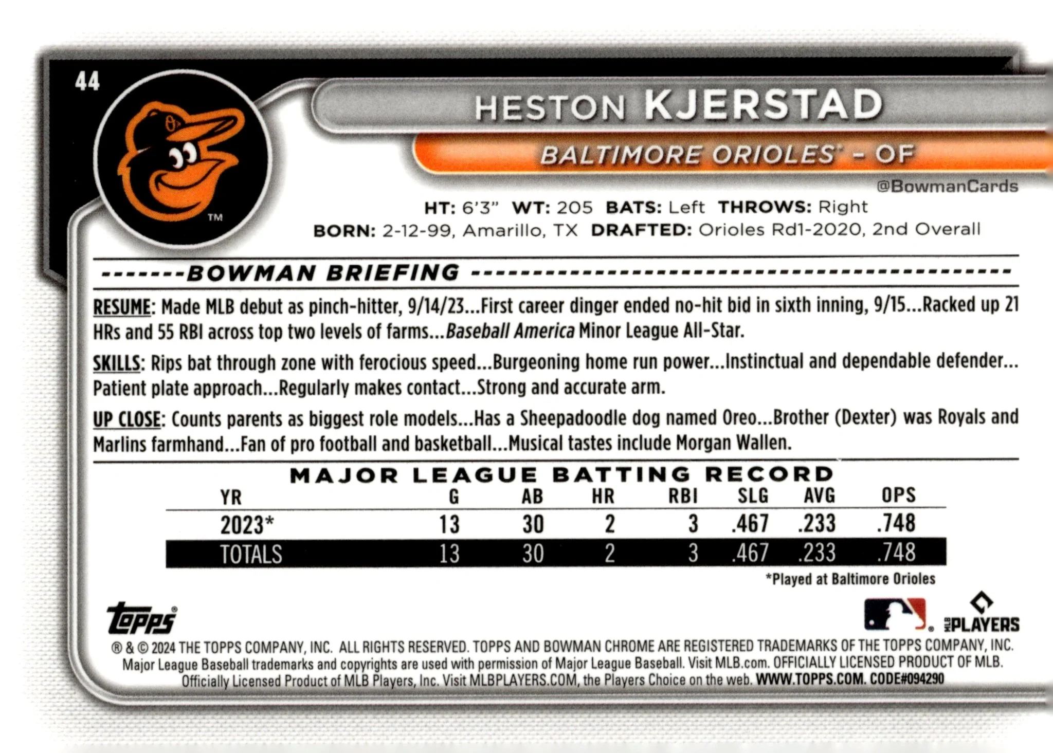 Heston Kjerstad 2024 Bowman Chrome Aqua Mojo Refractor RC 094/299 #44 - Image 2