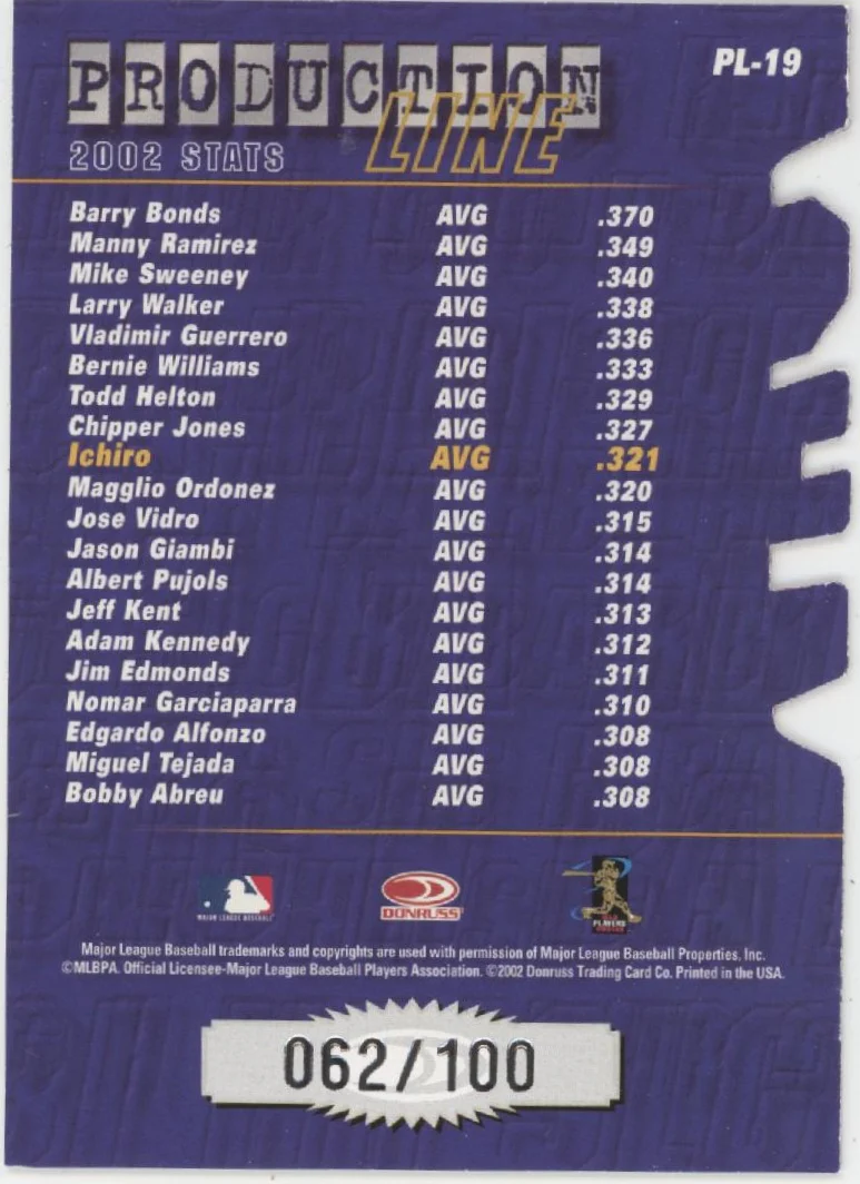 Ichiro Suzuki 2002 Donruss Production Line Die-Cut 062/100 #PL-19 - Image 2
