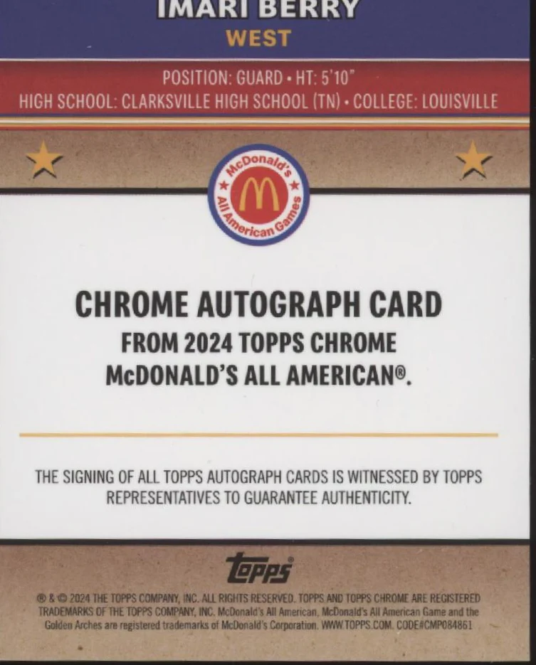 Imari Berry 2024 Topps Chrome McDonald's All American Gold Refractor Auto 22/50 - Image 2