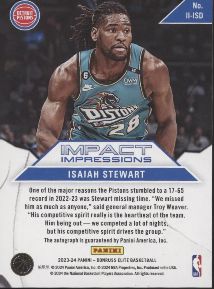 Isaiah Stewart 2023-24 Panini Donruss Elite Impact Impressions Auto #II-ISD - Image 2
