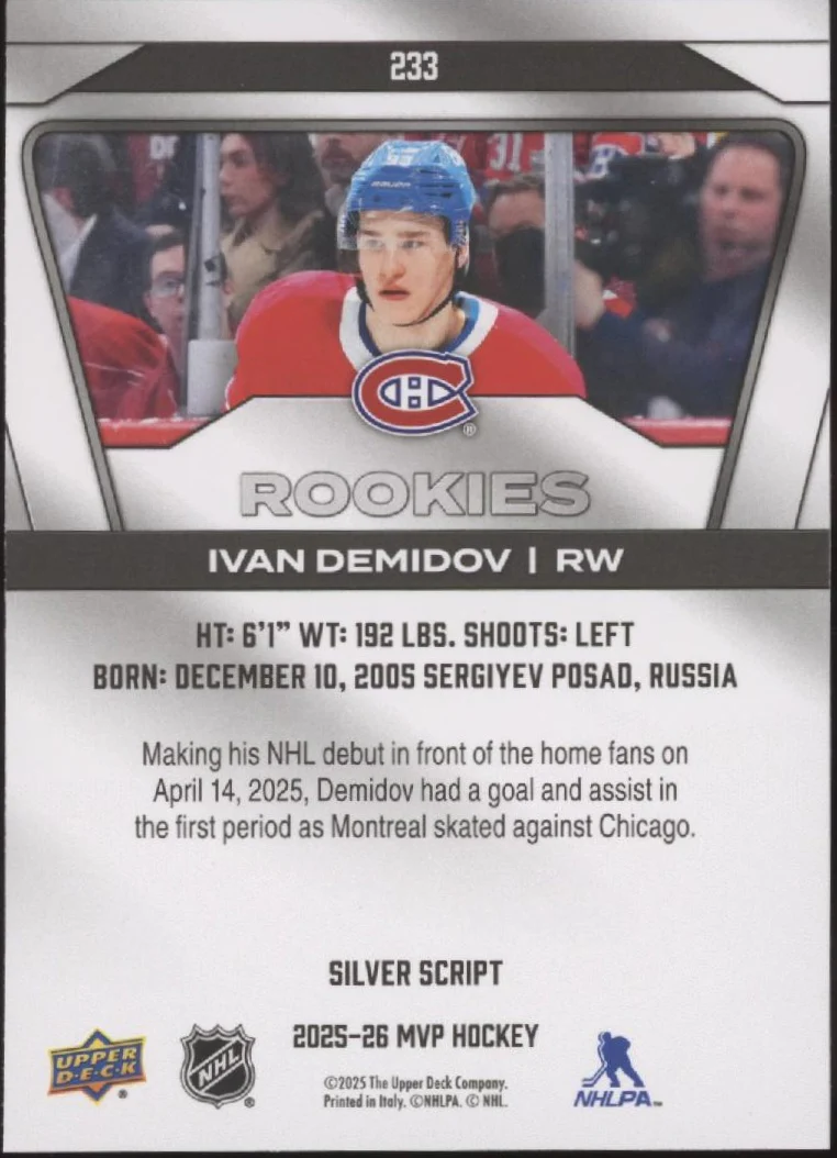 Ivan Demidov 2025-26 Upper Deck MVP Silver Script RC #233 - Image 2