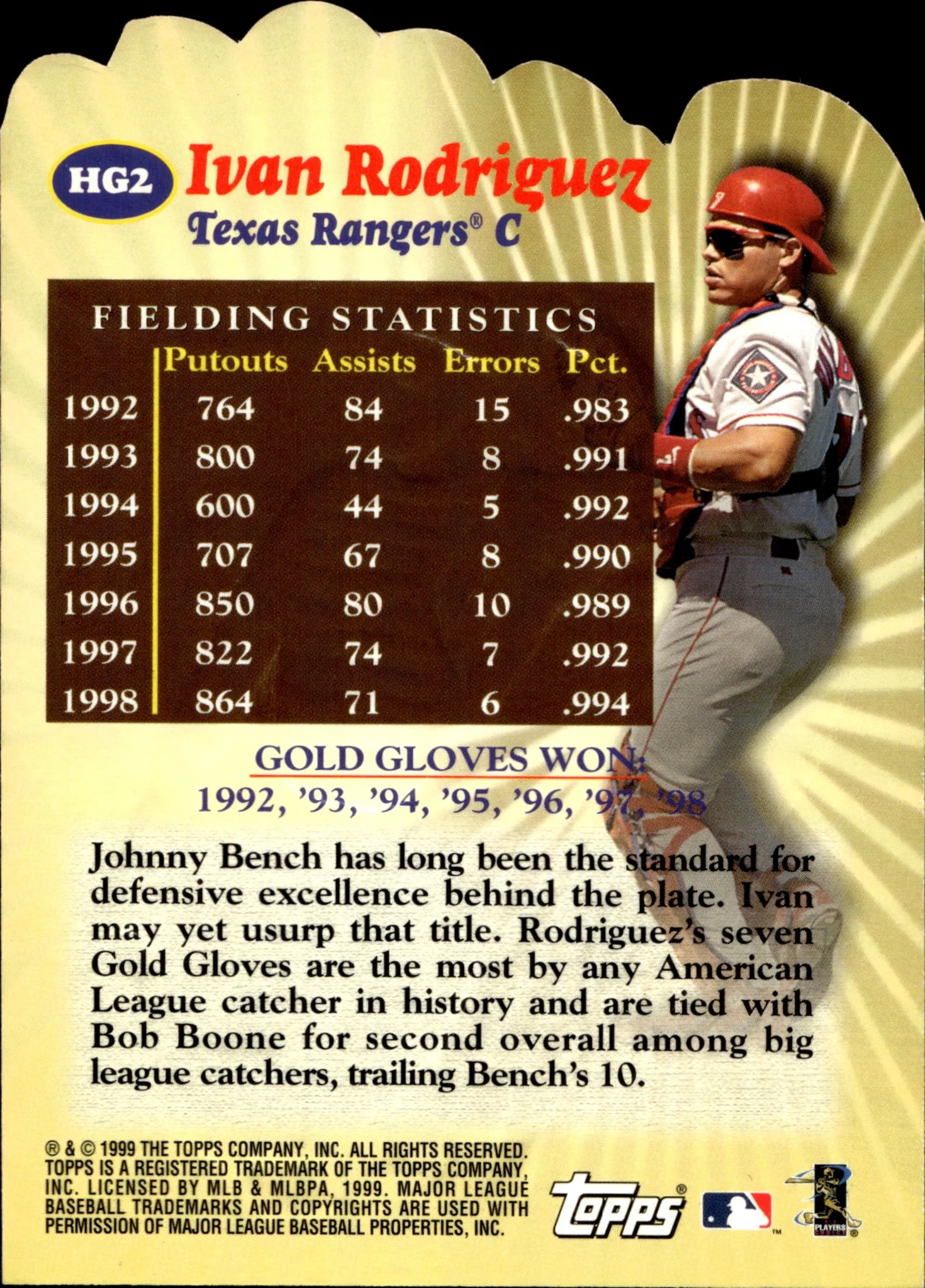 Ivan Rodriguez 1999 Topps Hands of Gold Die-Cut #HG2 - Image 2